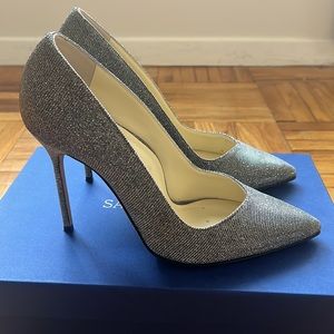 Sarah Flint Perfect Pump 100 Size 38 Gunmetal Lame Fabric Worn Once Like New EUC